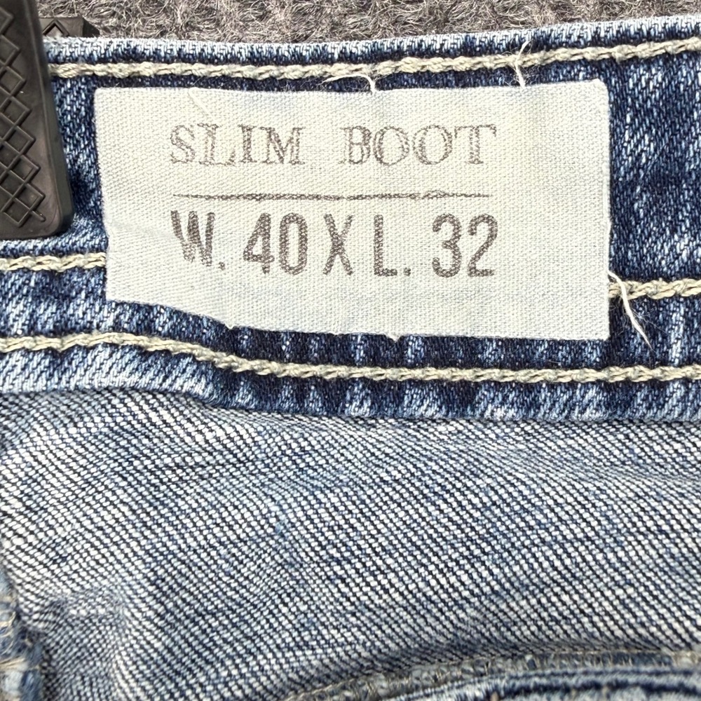 TK Axel Slim Boot Jeans Mens 40x32 Blue Excellent Embroidered Flap Pocket - Picture 3 of 10